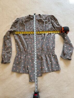 Louis Feraud Gray Blouse with Pink & White Polka Dots